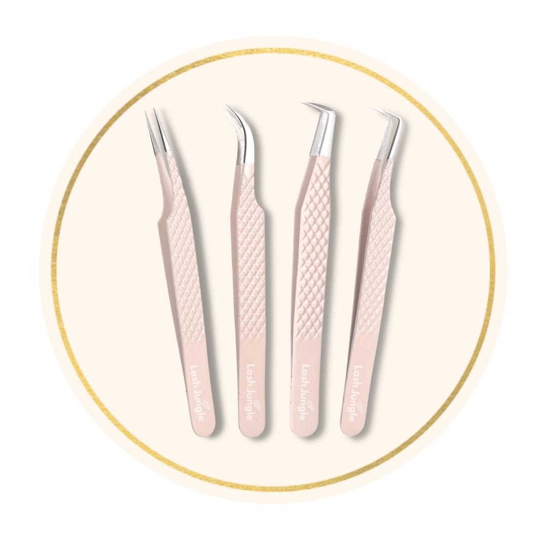 Premium Pink Tweezers Pack Bundle for eyelash extensions